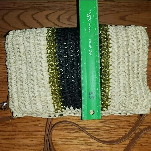 INC black/cream/gold straw colorblock crossbody bag with tan strap - Picture 6 of 7